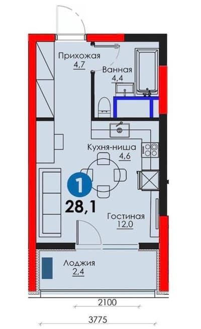 1 комнатная квартира новостройка коробка AU
