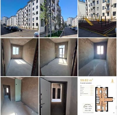 ЖК Dustlik 60м2 3 комнатная коробка ориентир ул.Баку ,Узбум, Яшнабад