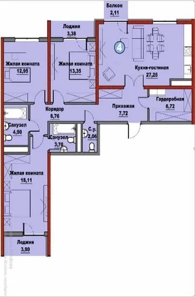 4-х комнатная квартира в ЖК Soy Boy'i от Murad Building's. 103.6м2.